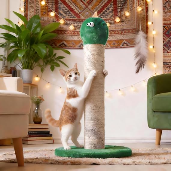 Cat Scratching Post 22'', Scratching Post with Extra Wide 12" Heavy Duty Base for Indoor Kitty, Scratching Post with Natural Sisal & Velvet Fabric for Small, Medium Cat, Green