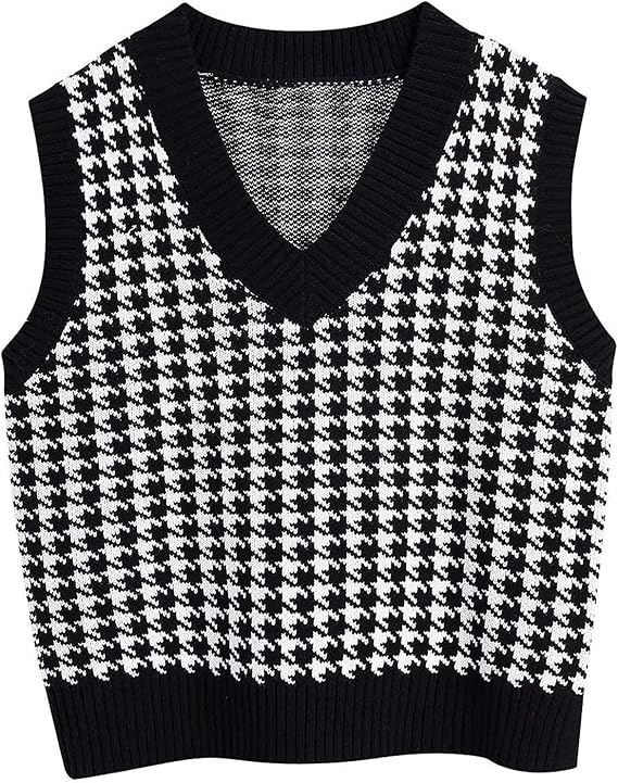 Oversized Sweater Vest Women Casual V-Neck Houndstooth Knit Sweaters 2025 Fall Aesthetic Checkered Work Vests