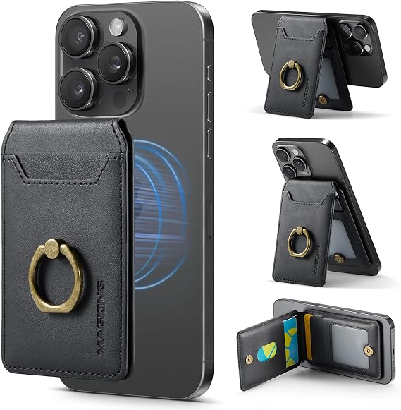 Compatible with Magsafe Wallet, Strong Magnetic,Vegan Leather,for iPhone Wallet Stand with 5 Card Slots, Ring, RFID Blocking, Compatible with iPhone 16/15/14/13/12 Pro Max Plus Series (Black)
