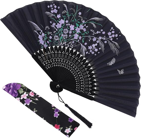 Hand Fan Foldable - Fabric Handheld Fan with Tassel and Pouch - Chinese/Japanese Style Elegant Decorative Folding Fans for Cosplay Home Decor Wedding Dance Party, Black