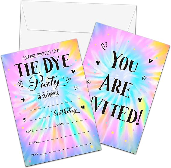 Tie Dye Birthday Invitations with Envelopes - Birthday Party Invitation Card for Girls/Boys - 5"x7" Fill-in Invites Cards - Rainbow Tie Dye Party Supplies Decorations (20 Pack)-25