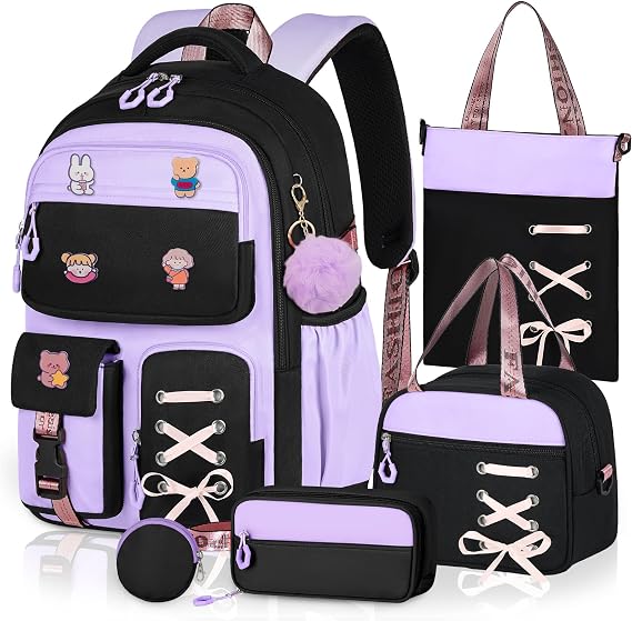 Girls Backpack with Lunch Box, 5pc Cute Purple Black Bookbag