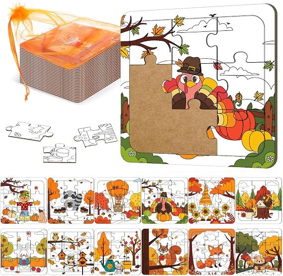 Blosssound 24 Pcs Fall Puzzles 4x4 Kids DIY Coloring Turkey Owl