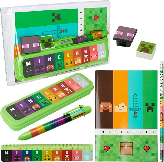 Minecraft Pencil Case and Stationery Set for Kids Filled Pencil Pouch Notebook Sticky Notes Pencils Creeper School Supplies Gamer Gifts for Kids (Green/Multi)