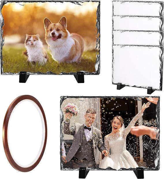 ASMIZ 6 Pack Sublimation Slate Blank 19 x 14 cm, Heat Thermal Transfer Rock Stone Photo Frame, Personalized Rectangular Picture Stone with Display