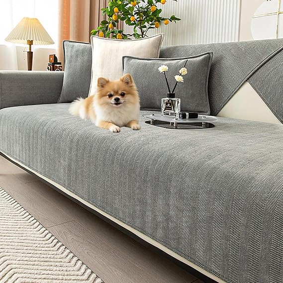 Sofa Cover, Herringbone Chenille Fabric couch cover 1 2 3 4 Seater, Non Slip Corner Sofa Slipcovers L Shape, Thick Textured Sofa Cushion Covers Furniture Protector, Gray, 70 * 150cm