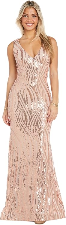 NIGHTWAY Juniors' Sequin Swirl Maxi Dress W/V-Neck, Power Mesh Inset & Open Back |Evening Cocktail Party Prom Homecoming