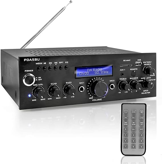 Pyle Wireless Bluetooth Home Power Amplifier - 200 Watt Audio Stereo Receiver w/USB Port, AUX in, FM Radio, 2 Karaoke Microphone Input, Remote - Home Entertainment System - Pyle PDA5BU.5