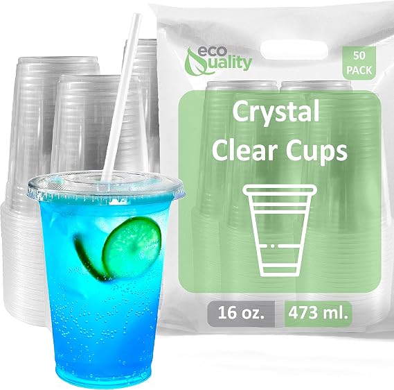 Large Clear Plastic Disposable Cups with Lids & Straws 50 count - 16 oz (ounces) Clear PET Cup for Cold Smoothie, Iced Coffee, Boba, Bubble Tea, Protein Shakes, Cold Drinks (Cups + Flat Lids + Straws)