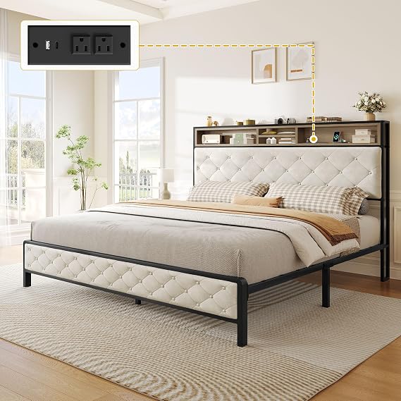 DWVO Queen Size Bed Frame with Charging Station, Beige | Upholstered Platform Bed with Storage Headboard, Sturdy Metal Slats, No Box Spring Required
