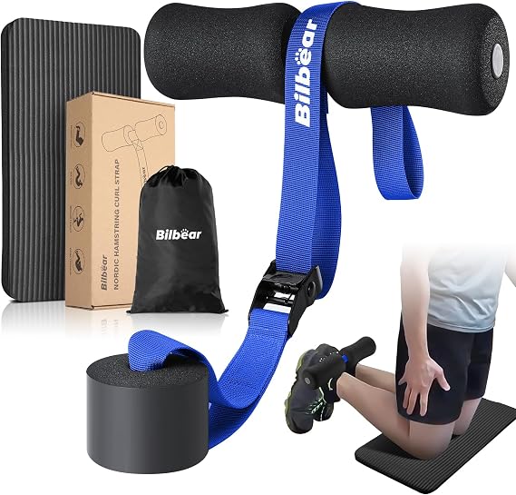 Adjustable Nordic Hamstring Curl Strap with Kneeling Mat, Portable Strap for Hamstring Stretches, Sit-ups and Crunches, Withstands 400lbs