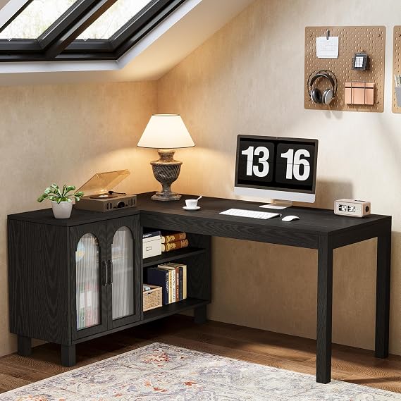 Tribesigns 59-Inch L-Shaped Desk with Storage Cabinet & Open Shelves