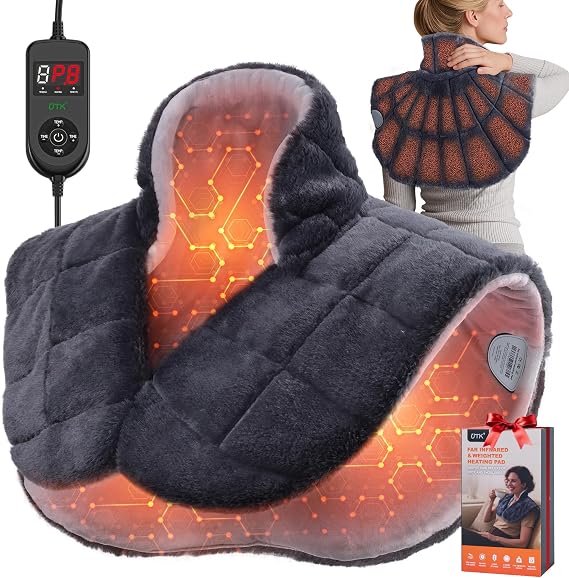 UTK Weighted Heating Pad for Neck Shoulder and Back Pain, 30s Fast Heat | Plush Faux Rabbit Fur; 6X Deeper Far Infrared Pain Relief; 8 Heat Settings, Up to 159F; Grey, 24x20 in; Gift for Women & Men