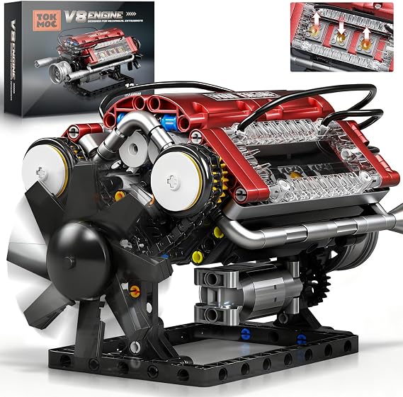 Tuajixz V8 Engine Building Blocks Sets, V8 Engine Model Kit That Runs Motorized with Moving Pistons, Crankshaft & Rotating Fan, Realistic Engine Simulation for Car Enthusiasts, 588Pcs