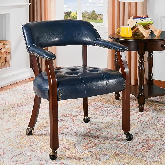 Dining Chairs with Wheels and Arm, Caster Boss Captain's Chairs with Solid Wood Leg, Office Desk Chairs with Button Upholstered, Classic Swivel Chair, 31.5H Cherry Walnut Leg & Blue SY1533LB