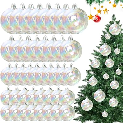 50PCS Iridescent Ornaments Balls 5size Clear Christmas Ornament Balls Christmas Clear Ornament Plastic Ornaments Ball for Xmas Tree Wedding Party Home Decor