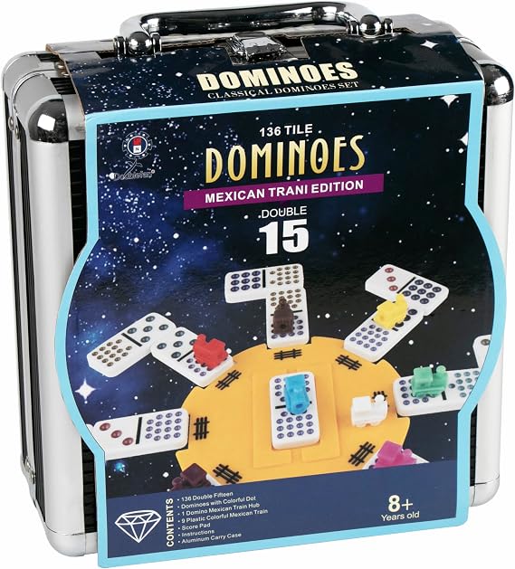 Double 15 Mexican train dominoes game with Colorful Dot,Dominoes set for adults, professional Classical Dominoes set with Aluminum Case,1 Domino Hub, 9 Colorful train, 136 Domino Tiles (2-10 players)