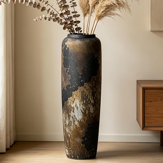 Black Rustic Ceramic Floor Vase, 24 Inch, Large Decor