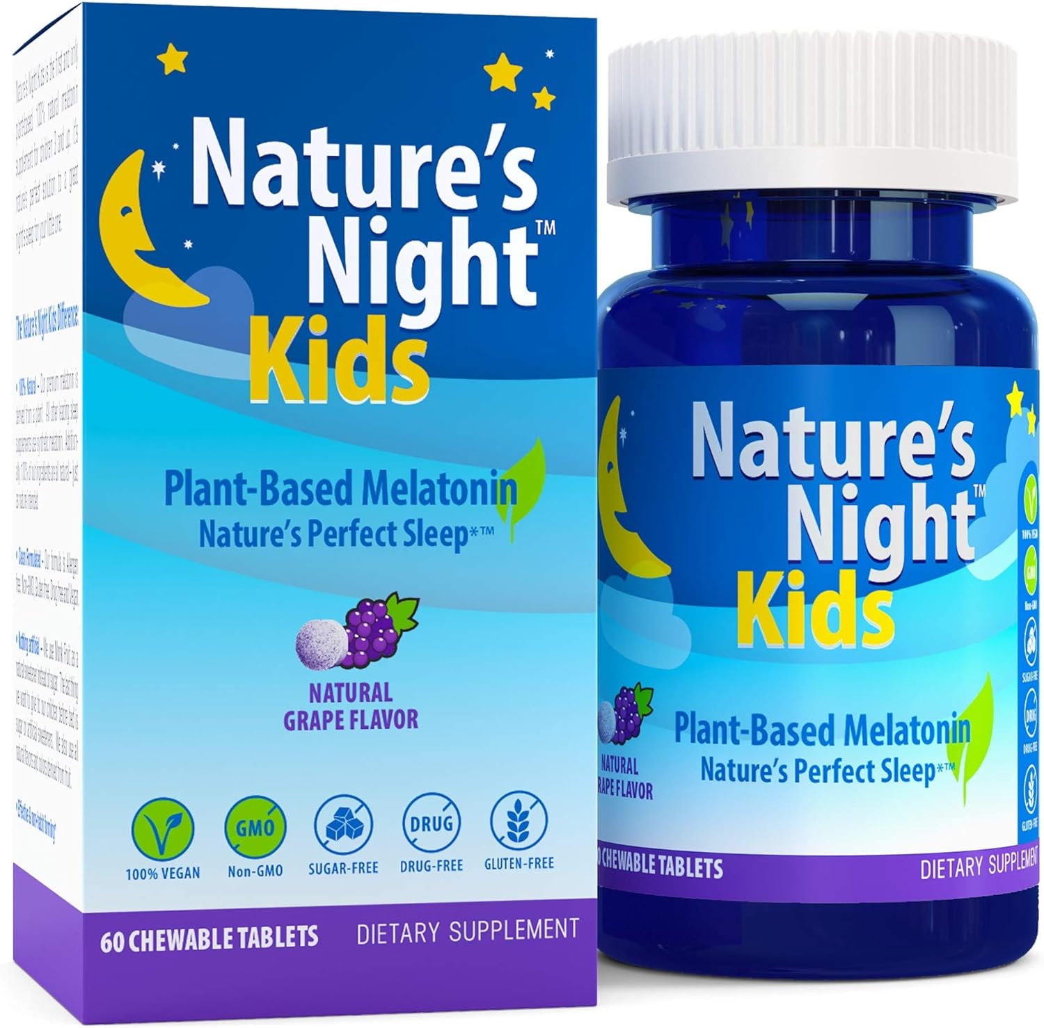 Natures Night Kids | Plant Based Melatonin 1MG | Natural Grape Flavor | 60 Chewable Tablets | Gluten Free | Non-GMO | Drug Free | Vegan | 100% Natural