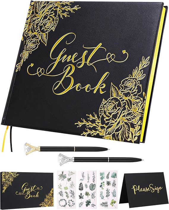 Black Wedding Guest Book, Guest Book Wedding Reception with Pens, 9x7''