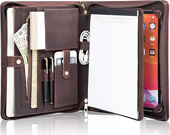 AZXCG Leather Portfolio for Men, Handmade Zippered Resume Padfolio Folio, Business Document Organizer for A4 Letter Size Notebook, Tablet Case for iPad 12.9" (2018&2020&2021), Dark Brown