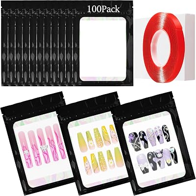 100PCS Empty Solid Black Holographic Nail Storage Bag Press on Nail Packaging Bag and 100PCS Shiny white cardboard Nail Tips Packaging Bags with 1 Roll Transparent Tape