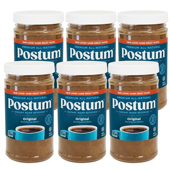 Postum Coffee Substitute Original (6x8oz) | Coffee Alternative Caffeine Free with Roasted Wheat Bran & Molasses | Natural, Non-GMO, Vegan Coffee Replacement Drink | Gourmet & Pantry Pack