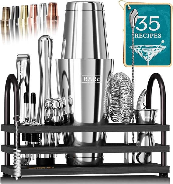 BARE BARREL® Cocktail Making Kit | 14-Piece Bartender Kit Cocktail Shaker Set Maker | Display Stand & 35 Recipe Cards | Mixology Cocktail Gift Set (800ml/28oz Boston Shaker, Silver/Black)