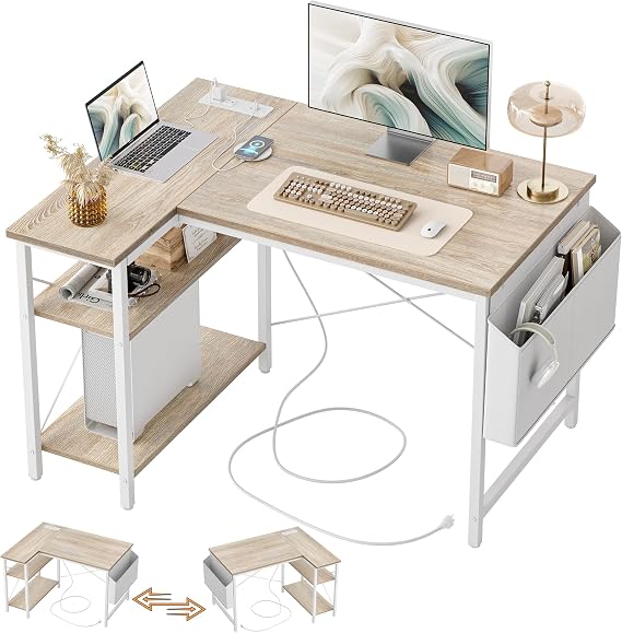 TIQLAB L Shaped Computer Desk with Power Outlets, 40 Inch Small Corner Desk with Reversible Shelves, Gaming Desk Computer Table Study Writing Table for Home Office Bedroom Small Space, Maple