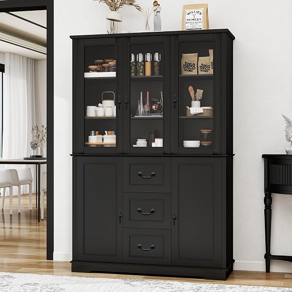 Tall Bookcase Display Cabinet with Glass Doors & Drawers, Black