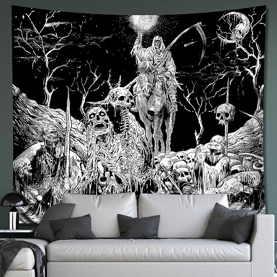 Gothic Skull Tapestry for bedroom, Goth Black White Horror Wall Tapestries