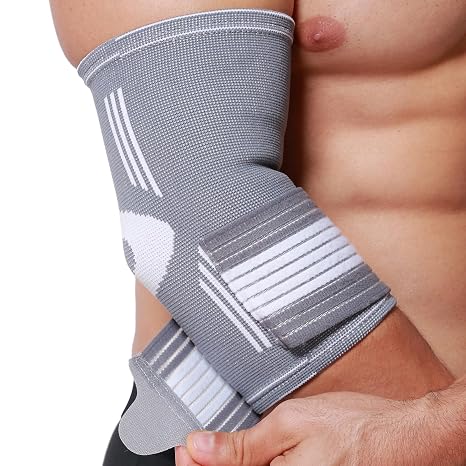 Neotech Care Elbow Brace Support Sleeve - Elastic & Breathable Fabric - Adjustable Compression Strap/Band - For Men, Women, Right or Left Arm (Grey Colour, Size M, 1 Unit)