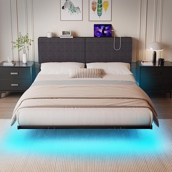 HOMERECOMMEND 5ft King Bed Frame With USB Charging Station,Dark Grey