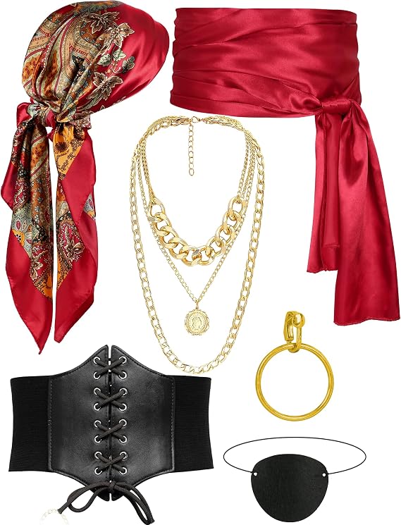 Drofe 46Pcs Pirate Costume Accessories Set for Women | Pirate Bandana, Sash Belt, Corset, Necklace, Eye Patch, Earrings & 40 PCS Hair Accessories for Pirate Night Halloween Party