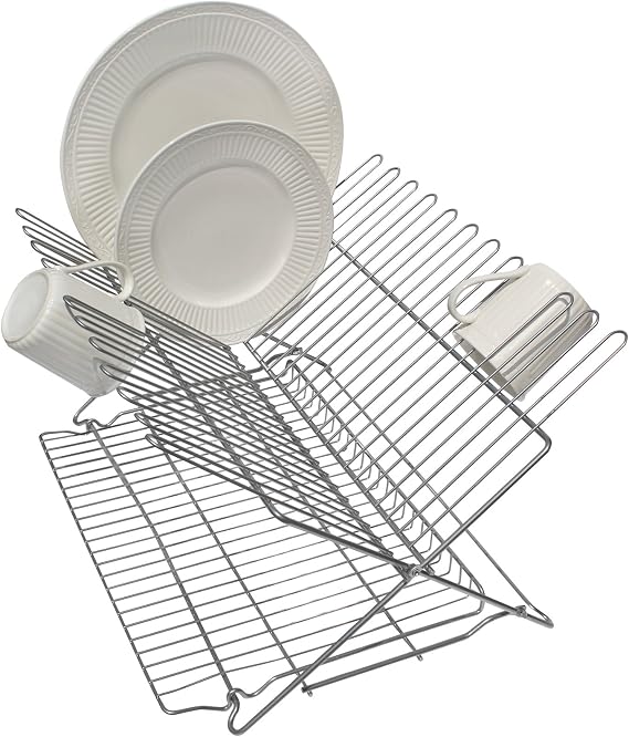 Better Houseware Folding Dish Drying Rack, Space-Saving Countertop Dish Drainer, Coated Steel, Holds 23 Plates, Collapsible Kitchen Drying Rack, Metallic Silver