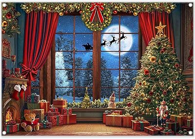 ZTHMOE Fabric 7x5ft Christmas Window Photography Backdrop Winter Merry Xmas Tree Background Night Snow Party Decoration Holiday Photo Banner Props