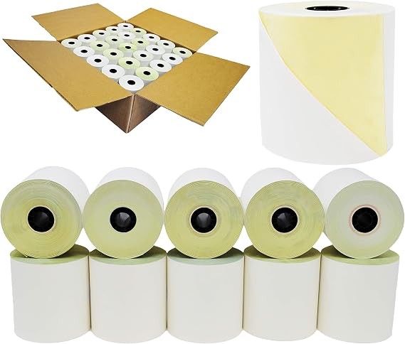 BuyRegisterRolls 2 Ply Carbonless Rolls 3 X 100 Feet Carbonless White/Canary (50 Rolls - 1 Case) Kitchen Printer Paper Rolls With Honey Comb Core