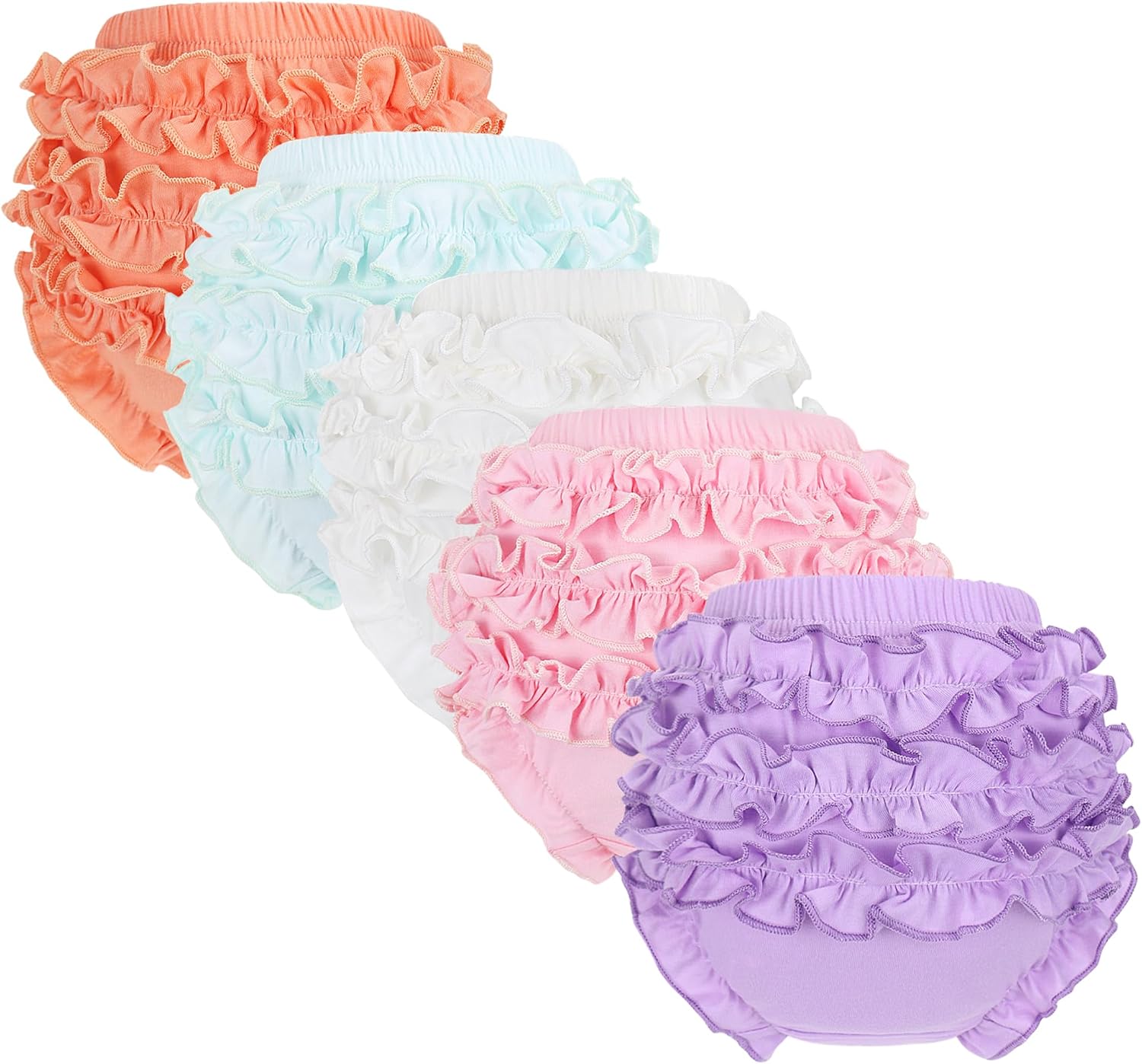 5 Pack Ruffle Diaper Cover - Baby Bloomers, Cute Cotton Baby Girl Shorts,Ruffled Tiered Bloomers Elastic Briefs for Toddler Girls