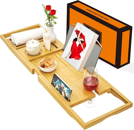 Bath Caddy Tray Expandable - Bath Trays for Across The Bath - Bamboo Wooden, Fits Most Bath Tubs