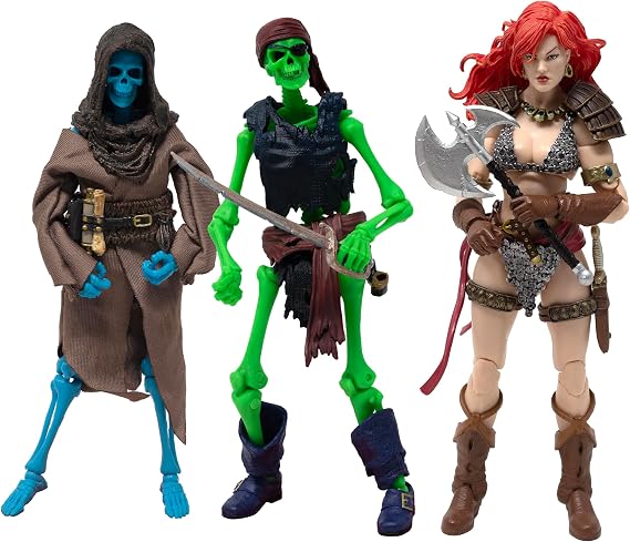 Boss Fight Studio Epic H.A.C.K.S. Red Sonja Deluxe Action Figure with Grim Spectre & Pirate Skeletons – Set of 3 Highly Articulated Collectible Figurines – Interchangeable Parts & Accessories – 1:18