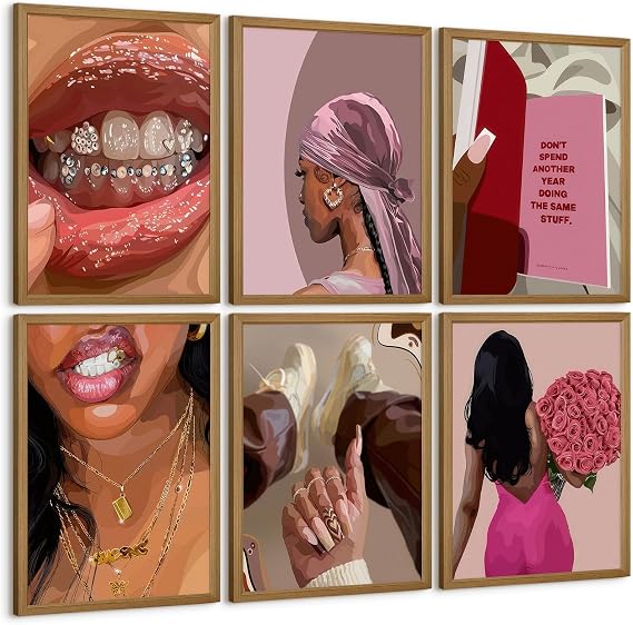 Black Girl Wall Art Pink Black Woman Canvas Wall Decor African American People Art Pictures Fashion Poster American Girl Women Painting Pink Abstract Flower Prints for Bedroom 12x16x6 Inch Framed