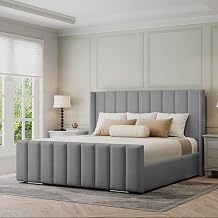 Vienna Wingback King Size Bed Frame 5ft, Modern Plush Velvet Upholstered Panelled Design, Luxury King Size Beds for Stylish Bedrooms, Strong 5ft Bed Frame with Wooden Slats in Grey Plush