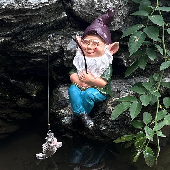 Fishing Gnome Outdoor Statue Garden Decor, Garden Gnomes Decoration for Yard, 9.7 Fishing Gnomes Statue Outdoor Garden Decor, Fishing Guy for Waterfalls or Koi Pond Decor, Gifts for Women