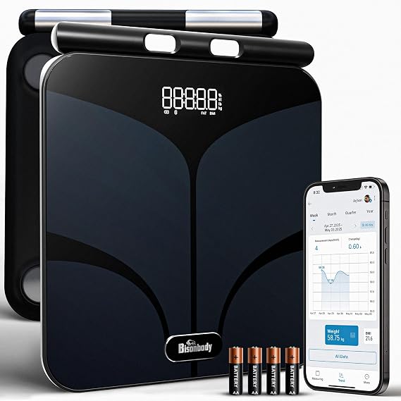 Digital Bathroom Scales Smart Scales for Body Weight and Fat, 8 Electrode Body Composition Scales with 29 Metrics, Bluetooth High Accuracy Monitor, Tempered Glass – Bisonbody