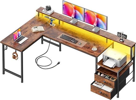 Korfile 66'' L Shaped Computer Desk with Storage Drawers, Power Outlet, LED