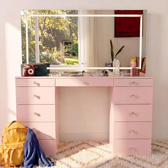 Boahaus Elara Extra-Large Vanity Desk with LED Mirror Complete Makeup Station with Integrated Power & Built-in Speakers