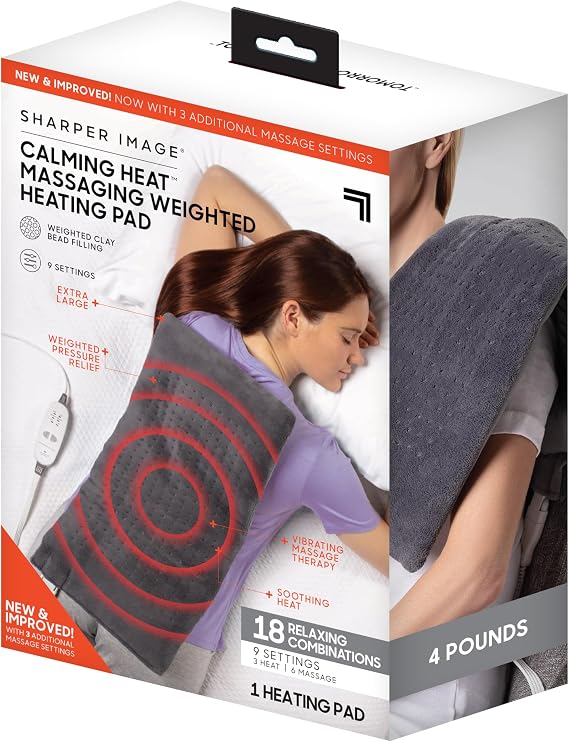Calming Heat Massaging Vibrations Weighted Heating Pad by Sharper Image | Temperature Settings, Auto Shut-Off Feature, Gift for Holidays, Women & Men | 3 Heat, 6 Massage, 12 x 24, 4 lbs