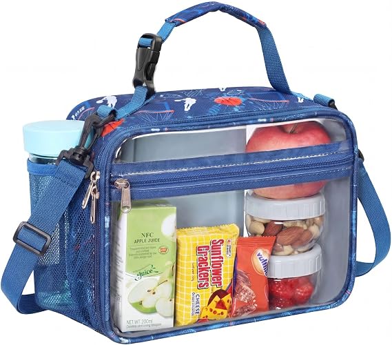 PACKISM Clear Lunch Bag for Boys - Reusable Heavy Duty Clear Lunch Box for School with Shoulder Strap, Transparent Stadium Approved Lunch Snack Bag for Work Travel Picnic, Blue Basketball Pattern