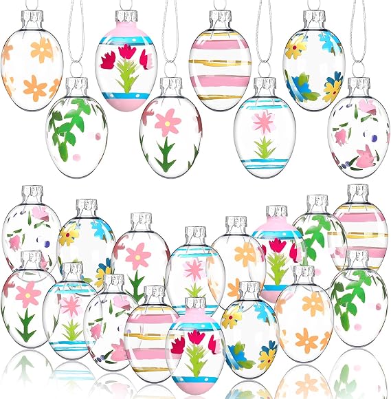 Pickmesh 24 Pcs Glass Easter Egg Ornaments Hand Painted Hanging Stained Glass Egg Pastel Easter Eggs for Tree Spring Tree Decorations with String for Home Outdoor & Indoor Party Decor 1.2 x 2''
