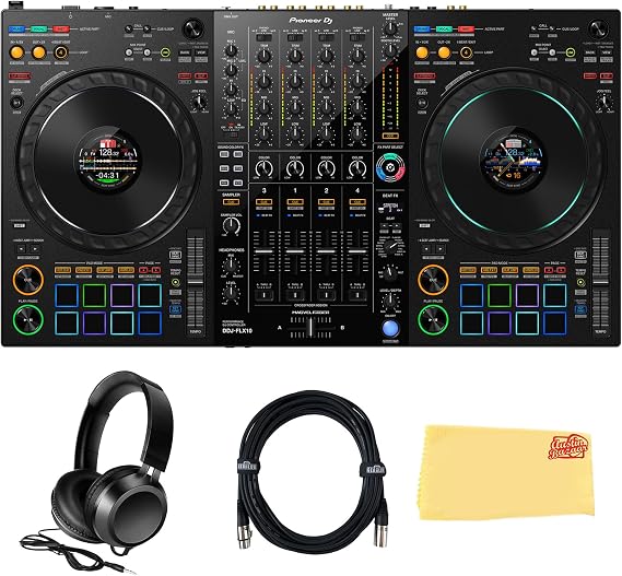 Pioneer DJ DDJ-FLX10 4-Channel Professional DJ Controller - Black Bundle with Gearlux Headphones, DMX Cable, and Austin Bazaar Polishing Cloth